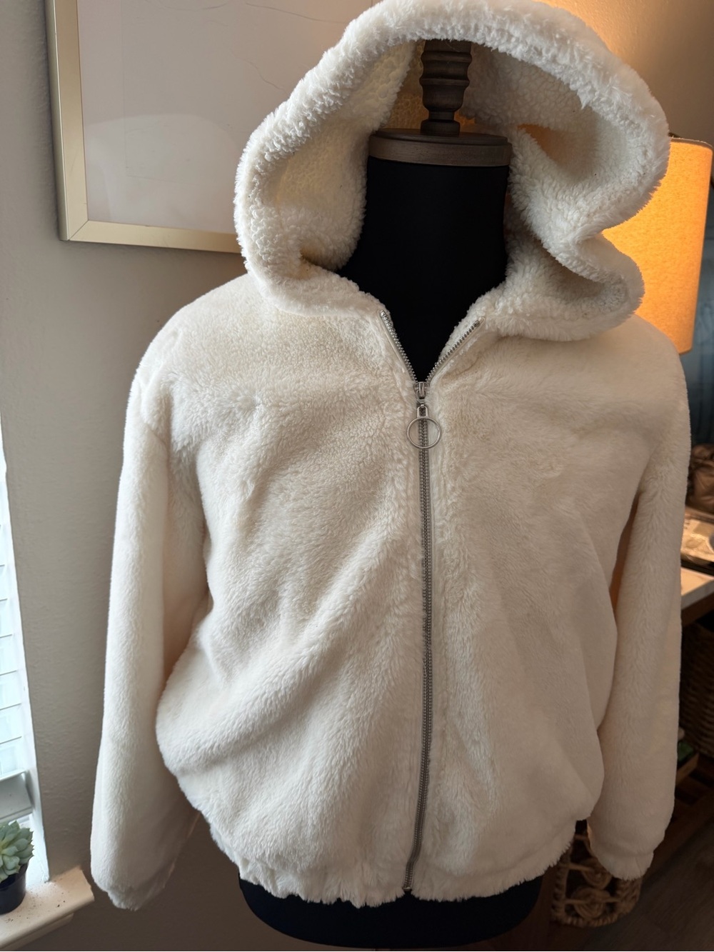 Forever 21 Cream Hooded Faux-Sherpa Zip Jacket